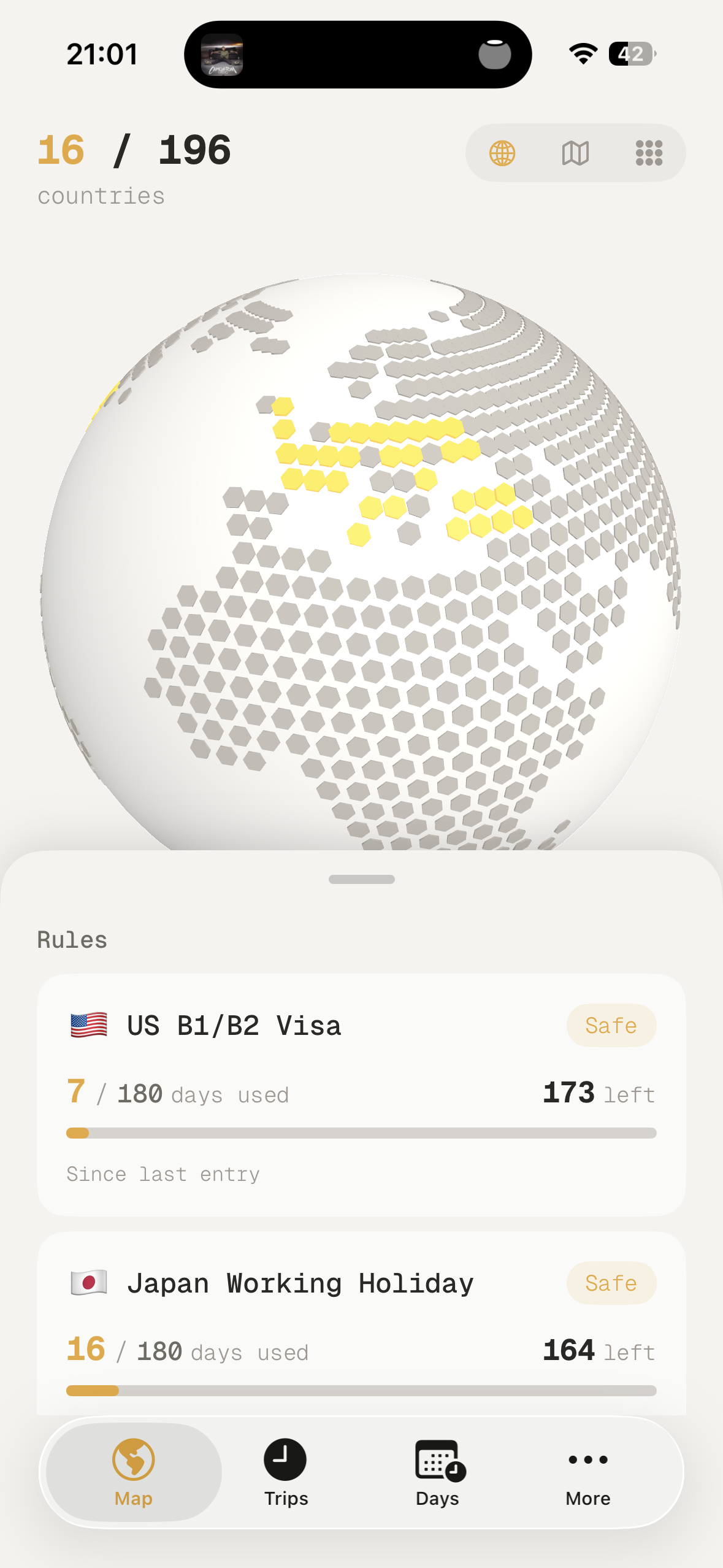 TripScan globe view showing visited countries
